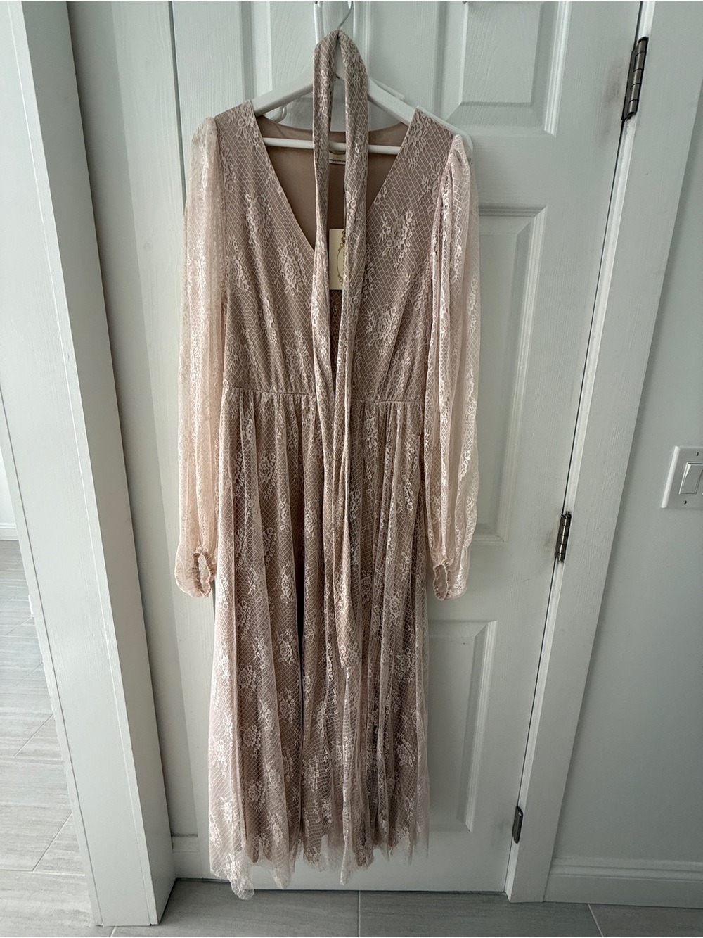 Joyfolie Dusty Blush Lace Maxi Dress with Sheer Sleeves